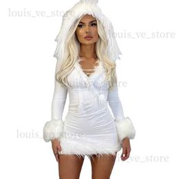 Fluffy street style winter dress stitched lace up hooded fashion miniskirt womens autumn long sleeve V-neck dress tight fuzzy party T230808