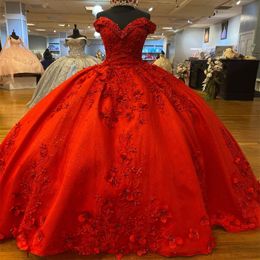 Red Sparkly Quinceanera Dresses Formal Luxury Party Beading Lace Appliques 3DFlower Sweet 15 Dress Graduation Ball Gwons