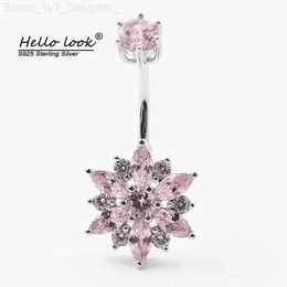 HelloLook 925 Sterling Silver Belly Piercing Button Bar Ring Pink Flower CZ Navel Piercing Jewelry Summer Romantic Gift L230808