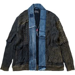 Mens Jackets Denim Stitching Sweater Cardigan Taoist Robe Coat High Street Washed Loose Jacket Male 230808
