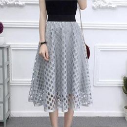 Skirts 2023 Big Size Woman Grey Elastic Waist Ball Gown Mesh Maxi Skirt Black Elegant Ladies Long Faldas Para