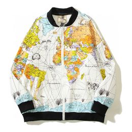 Men's Jackets Japanese Streetwear spaper World Map Paper Bomber Harajuku Autumn and Winter Loose Casual Fleece Coats 230807