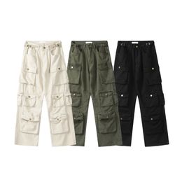 23ss designer vintage army green cargo pants men's loose straight leg multi-pocket wide leg pants wind pants men