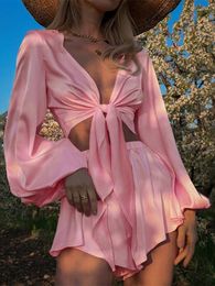 Women's Tracksuits 2023 Summer Elegant Bodycon Sexy Pink 2 Piece Sets Women Outfit Chic Long Sleeves Strap Ties Short