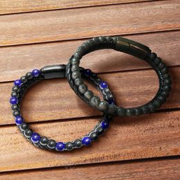 Strand Men Leather Woven Bracelets Wristband Magnetic Buckle Stone Beads Gift Jewelry Two-layer Fashion Accessories