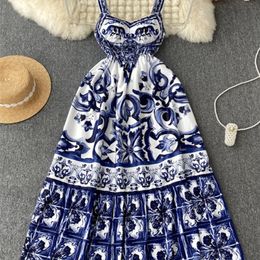 Urban Sexy Dresses Runway Summer Holiday Maxi Dress Women's Spaghetti Strap V Neck Backless Blue And White Porcelain Print Vacation Long Vestido 230807