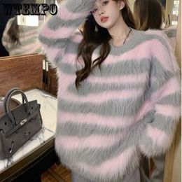 Women's Sweaters Pink Grey Stripe Imitation Mink Velvet Women Sweater Knitted Pullover Long Sleeve Top Loose Soft Warm Sweet Y2K Preppy Style 230807