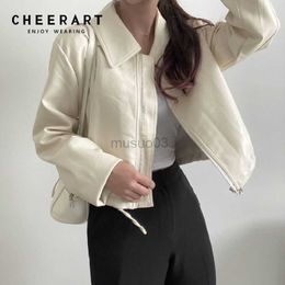 Women's Leather Faux Leather CHEERART Beige Faux Leather Jackets For Women 2021 Black Zippers Cropped Coat Korean Fall Shirt Jacket Outerwear Clothing HKD230808