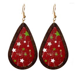 Dangle Earrings Colorful Star Dots Stripe Print PU Leather Wooden Frame Drop For Women Christmas Vintage Personality Jewelry