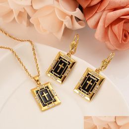 Earrings Necklace Set Black Cross Gold Colour Catholic Religious Bridal Jewellery Christmas Birthday Gift For Women Drop Deliv Dhgarden Dhz9C