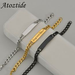 Charm Bracelets Atoztide Custom Words Name Bar Nameplate Bracelet Stainless Steel For Men Women Adjustable Link Chain Personalized Jewelry Gift 230808