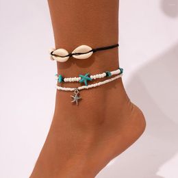 Anklets 3pcs/set Boho Rope Chain Sea Shell Anklet Leg Ankle Bracelet Vintage Starfish Pendant Beads Foot Beach Jewellery