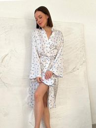 Women's Sleepwear Marthaqiqi Printing Ladies Nightgowns Long Sleeve Bathrobe Sexy V-Neck Lace Up Robe Mid-Calf Dress Home Clothes Women