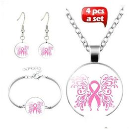 Earrings Necklace Set Pink Breast Cancer Awareness Po Glass Convex Female Jewellery Tibet Sier Chain Earring Bracelet Drop De Dhgarden Dhxst