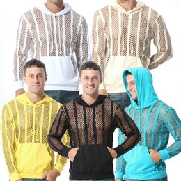 Men's Hoodies Men Mesh T Shirt Hooded Sweatshirts See Through Long Sleeve Sport Casual Tops Sexy Streetwear Loose Nightclub Party Mens