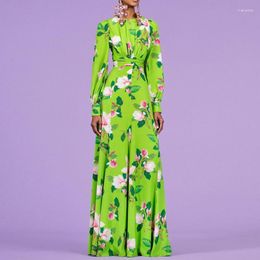 Casual Dresses Spring Summer Green Floral Printed Long Womens 2023 Vintage O-neck Sleeve Chiffon Maxi Dress