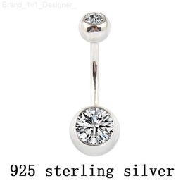 Real 925 sterling silver belly button ring clear double zircon stones body Jewellery ball navel bar piercing Jewellery free shipping L230808