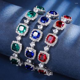 Charm Bracelets EYIKA Trendy Copper Square Created Ruby Emerald Sapphire Tennis Bracelet For Women Zircon Crystal Bangle Wedding Fine