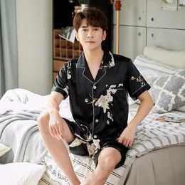 Men's Sleepwear Black Print Pajama And Shorts Set Summer Satin Pijama Casual Home Clothes Pyjama