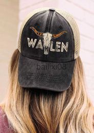 Ball Caps Women's Baseball Cap Western Style Steer Skull Mesh Splicing Hat Adjustable Snapbk Hats J230807