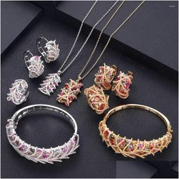 Earrings Necklace Set Luxury Cubic Zirconia Bracelet And Ring 4Pcs Dubai Fl Jewellery For Women Bridal Dress Dinner Drop Deli Dhgarden Dhnfp