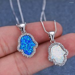 Pendant Necklaces White Blue Opal Hand Of Fatima Hamsa Necklace Luxury Female Silver Colour Box Chains Crystal Jewellery Gift