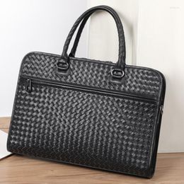 Briefcases Business Genuine Leather Woven 15.6"inch Laptop Briefcase For Men Large Capacity Handbag Male Leisure Shoulder Bag Messenger