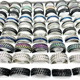 Wholesale 50pcs Stainless Steel Band Rings Spinner Double Rotatable Chain Silver Black Colours Fashion Jewellery Accessories Men Womens