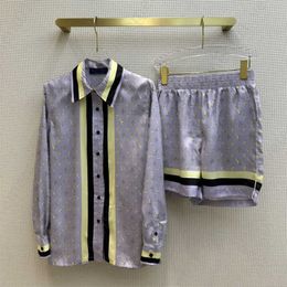 Women Track Suit Shirt With Sport Shorts Silver Grey With Yellow Old Flower Print Design Colour Block Collar Blouse And Athletic Shorts Two Piece Set Designer Clothes