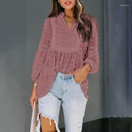 Women's Blouses Fashion Jacquard Ball Long Lantern Sleeve Blouse 2023 Spring Summer Solid Color V-Neck Loose Shirt For Women Clothes 28416