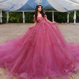 Docete fora do ombro Quinceanera vestidos 3d Flower Lace Applique Sweet 15 Prom Glitter Ball Vestido Júnior Vestido de fotografia 407