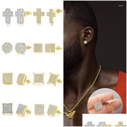 Stud Earrings 5Pairs/Lot Hiphop Micro Paved Cz Zircon Cross Geometric Earring 925 Sier Color Screw Back Ear Jewelry For Men Dhgarden Dh1Tz