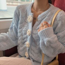 Women's Knits Tees Deeptown Korean Style Kawaii Pink Knitted Cardigan Sweater Women Flowers Button Beige Long Sleeve Jumper Winter Blue Sweet Coats 230807