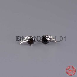 MKENDN 925 Sterling Silver Retro Feather Black Zircon Stud Earrings For Men Women Personality Ear Jewellery Punk Rock Gothic Style x0808 x0808