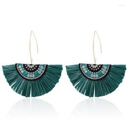 Dangle Earrings Chinese Style Embroidery Fan-shaped Raffia Fringed Bohemian Black Green Tassel For Women