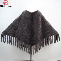 Scarves Genuine Mink Fur Shawl Knitted Real Mink Fur Poncho For Women Natural Fur Wrap With Hood Winter Mink Fur Jacket 230807