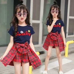 Clothing Sets Fashion Summer Girls Set Child Clothes Tracksuit Boutique Outfits T shirt Plaid Shorts 4 6 7 8 10 12 Years 230807