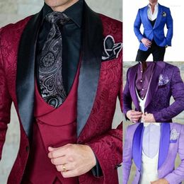 Men's Suits Men Pattern And Black Groom Tuxedos Shawl Satin Lapel Groomsmen Wedding Man ( Jacket Pants Vest)