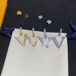 18K Gold Plated Luxury Designer Letters Brass Stud Ear Hook Geometric Famous Women Crystal Rhinestone Pearl Earring Wedding Party Jewelry