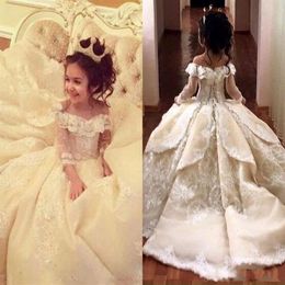 Vintage Lace Appliqued Pageant Dresses With Long Sleeves Ball Gown Flower Girl Dress Off Shoulder Sweep Train Kid First Communion 255W