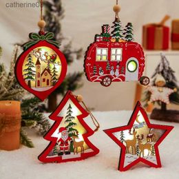 Christmas Ornaments Wooden Hanging Pendant LED Light Santa Claus Christmas Decorations For Home Tree Decor Kids Gift Wood Crafts L230621