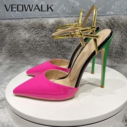 Fusion Pink Glossy Women Veowalk 987 Ankle Buckles Close Toe Backless Stiletto Sandals 8cm 10cm 12cm High Heels Sexy Ladies Pumps 230807 983