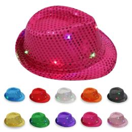 LED 재즈 파티 모자 깜박이는 조명 LED LED Fedora Trilby 스팽글 캡 팬시 드레스 댄스 파티 모자 유엔 힙합 램프 Luminous Hat FY3870