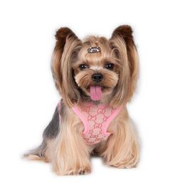 Designer Set Harness Pet Vest Leashes Classic Jacquard Lettering Soft Air Mesh Dog Harnesses for Small Dogs Cat Teacup Puppies Shih Tzu Khaki L G91