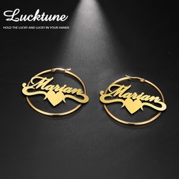Hoop Huggie Lucktune Custom Name Hoop Earrings Stainless Steel Personalized Letter Nameplate Circle Earrings for Women Fashion Party Jewelry 230808