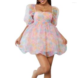 Casual Dresses Women's Puff Sleeve Tulle Princess Dress Summer Tie Dye Party Wedding Colourful Pattern Print Square Neck Fairy Mini