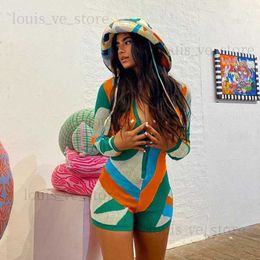 Women Jumpsuits Designer Knitted Blocking Graffiti Bodysuit Slim Fit V-neck Single Breasted Long Sleeved Rompers Sports One Piece Shorts 3 Colours T230808