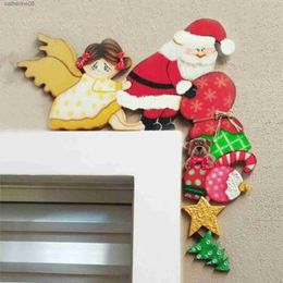 Santa Claus Angel Elk Christmas Door Frame Decoration Wooden Xmas Door Corner Ornament Merry Christmas Decor Home Happy New Year L230621