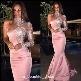 Formal Mermaid Rose pink Evening Dresses Lace High Neck Sheer One Shoulder Long Sleeve Prom Gown Custom Red Carpet Celebrity Dress273G