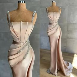 Chic Sheath Mermaid Evening Dresses 2022 Latest Sexy Spaghetti Strap Sequins Pleats Long Formal Party Celebrity Gowns Vestidos Dre200o